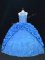 Fitting Blue Halter Top Neckline Beading and Appliques and Embroidery and Pick Ups Ball Gown Prom Dress Sleeveless Lace Up