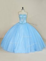 Great Blue Ball Gowns Strapless Sleeveless Tulle Floor Length Lace Up Beading Sweet 16 Dresses