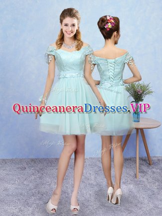 Smart Aqua Blue A-line V-neck Short Sleeves Tulle Mini Length Lace Up Lace Dama Dress