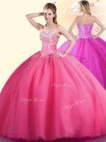 On Sale Hot Pink Sleeveless Tulle Lace Up Ball Gown Prom Dress for Military Ball and Sweet 16 and Quinceanera