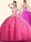 On Sale Hot Pink Sleeveless Tulle Lace Up Ball Gown Prom Dress for Military Ball and Sweet 16 and Quinceanera