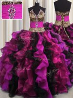 Sophisticated Leopard Multi-color V-neck Lace Up Beading and Ruffles Vestidos de Quinceanera Sleeveless