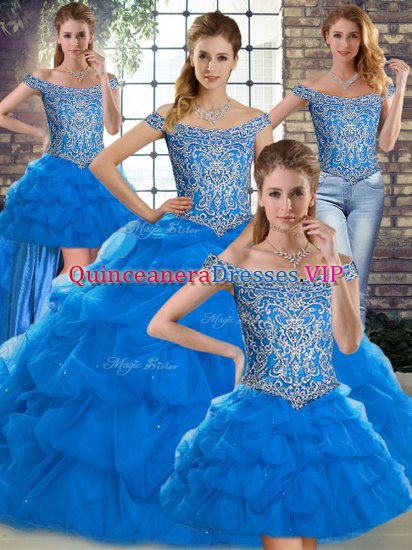 Perfect Off The Shoulder Sleeveless Brush Train Lace Up Sweet 16 Dresses Blue Tulle - Click Image to Close
