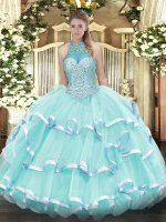 Apple Green Organza Lace Up Halter Top Sleeveless Floor Length Quinceanera Dress Beading and Ruffled Layers(SKU SJQDDT1056002-2BIZ)