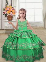 Straps Sleeveless Lace Up Little Girls Pageant Dress Green Satin