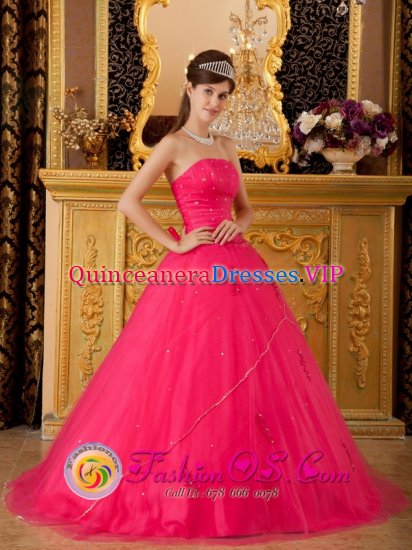 Custom Made Hot Pink A-line Strapless Quinceanera Dress With Beading Tulle Skirt In Alpena Michigan/MI - Click Image to Close