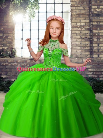 Sleeveless Tulle Floor Length Lace Up Little Girls Pageant Gowns in Green with Beading - Click Image to Close