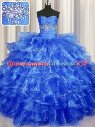 Custom Design Sleeveless Floor Length Beading and Ruffled Layers Lace Up Sweet 16 Dress with Royal Blue