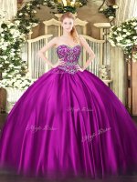 Excellent Fuchsia Ball Gowns Satin Sweetheart Sleeveless Beading Floor Length Lace Up 15 Quinceanera Dress