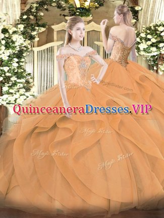 Trendy Orange Tulle Lace Up Ball Gown Prom Dress Sleeveless Floor Length Beading and Ruffles