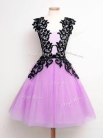 Deluxe Lilac A-line Tulle Straps Sleeveless Lace Knee Length Lace Up Quinceanera Court Dresses