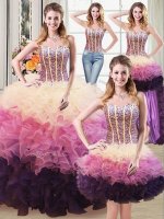 Four Piece Beading and Ruffles Quinceanera Gowns Multi-color Lace Up Sleeveless Floor Length