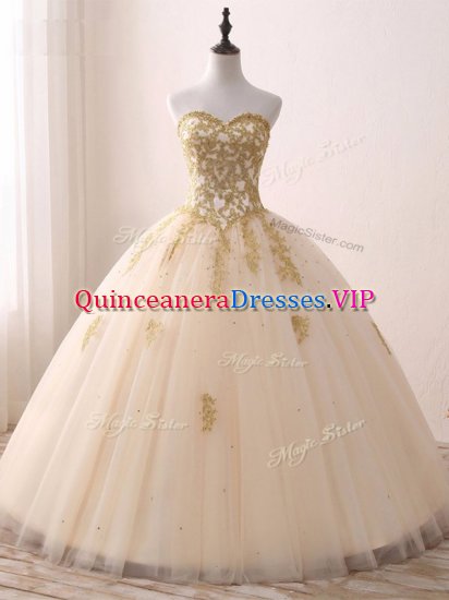 Champagne Tulle Lace Up Sweet 16 Dresses Sleeveless Floor Length Beading and Lace and Appliques - Click Image to Close