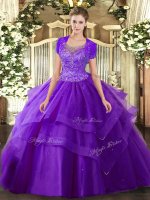 Purple Sleeveless Tulle Clasp Handle Ball Gown Prom Dress for Military Ball and Sweet 16 and Quinceanera(SKU SJQDDT1008002-2BIZ)