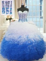 Delicate Floor Length Blue And White Sweet 16 Quinceanera Dress Organza Sleeveless Beading and Ruffles