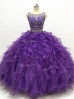 Elegant Floor Length Lace Up 15th Birthday Dress Purple for Military Ball and Sweet 16 and Quinceanera with Beading and Ruffles(SKU SWQD193BIZ)