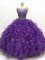 Elegant Floor Length Lace Up 15th Birthday Dress Purple for Military Ball and Sweet 16 and Quinceanera with Beading and Ruffles