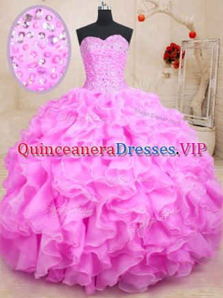 Rose Pink 15 Quinceanera Dress Military Ball and Sweet 16 and Quinceanera with Beading and Ruffles Sweetheart Sleeveless Lace Up