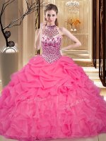 Halter Top Sleeveless Organza Floor Length Lace Up Quinceanera Gown in Hot Pink with Beading and Ruffles and Pick Ups