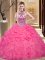 Halter Top Sleeveless Organza Floor Length Lace Up Quinceanera Gown in Hot Pink with Beading and Ruffles and Pick Ups