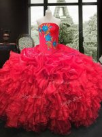 Deluxe Ball Gowns Sweet 16 Dresses Red Strapless Organza Sleeveless Floor Length Lace Up
