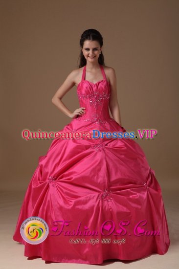 Abilene TX Hot Pink Halter Quinceanera Dress Beading and Pick-ups For Exclusive Sweetheart - Click Image to Close