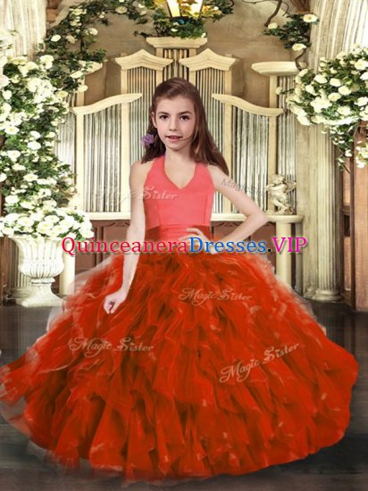 Sleeveless Organza Floor Length Lace Up Little Girls Pageant Gowns in Rust Red with Ruffles - Click Image to Close