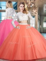 Scoop Floor Length Watermelon Red 15 Quinceanera Dress Tulle Long Sleeves Beading and Lace