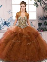 Luxury Off The Shoulder Sleeveless Lace Up Quince Ball Gowns Brown Tulle