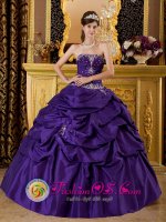 Purple Beautiful Strapless Quinceanera Dress With Beaded Bodice and Pick-ups Custom Made in Brisbane CA