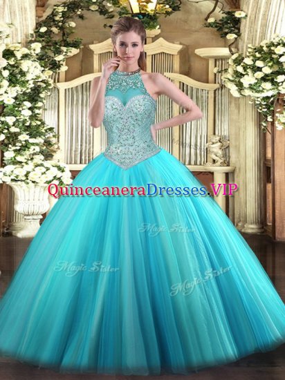 Ideal Aqua Blue Sleeveless Beading Floor Length Quince Ball Gowns - Click Image to Close