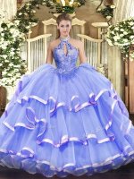 Stunning Lavender Ball Gowns Halter Top Sleeveless Organza Floor Length Lace Up Beading Sweet 16 Dresses