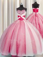 Floor Length Coral Red Sweet 16 Dresses Organza Sleeveless Beading and Sequins and Ruching