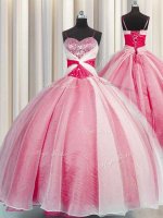 Floor Length Coral Red Sweet 16 Dresses Organza Sleeveless Beading and Sequins and Ruching(SKU PSSW0413-2BIZ)