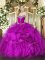 Stylish Floor Length Fuchsia Quinceanera Gown Organza Sleeveless Beading and Ruffles