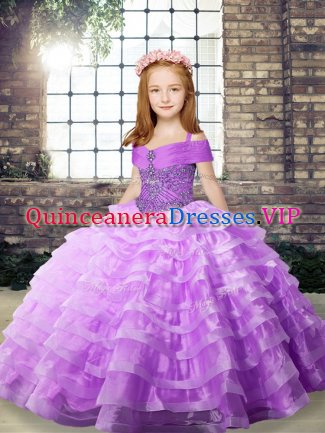 Luxurious Lilac Little Girls Pageant Dress Organza Brush Train Sleeveless Beading and Ruffled Layers