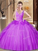 Fashionable Purple Sleeveless Floor Length Appliques and Ruffles and Sequins Backless 15 Quinceanera Dress