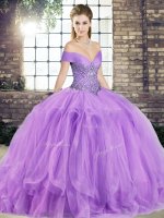 Great Lavender Off The Shoulder Lace Up Beading and Ruffles Quince Ball Gowns Sleeveless