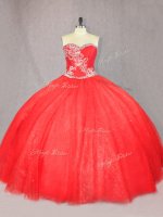 Beauteous Red Tulle Lace Up Sweet 16 Dress Sleeveless Floor Length Beading