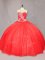 Beauteous Red Tulle Lace Up Sweet 16 Dress Sleeveless Floor Length Beading