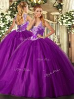 Superior Ball Gowns Quinceanera Dress Purple Straps Tulle Sleeveless Floor Length Lace Up(SKU SJQDDT1388002BIZ)