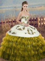 Inexpensive Embroidery and Ruffled Layers and Bowknot 15th Birthday Dress Olive Green Lace Up Sleeveless Floor Length