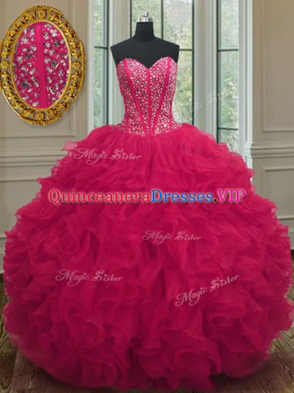Coral Red Sleeveless Organza Lace Up Sweet 16 Quinceanera Dress for Military Ball and Sweet 16 and Quinceanera - Click Image to Close