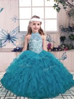 On Sale Ball Gowns Kids Formal Wear Teal Halter Top Tulle Sleeveless Floor Length Lace Up