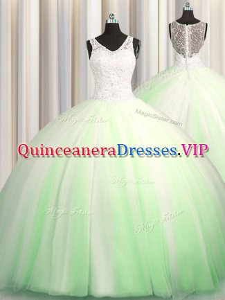 See Through Zipple Up Quinceanera Gowns Tulle Brush Train Sleeveless Beading and Appliques