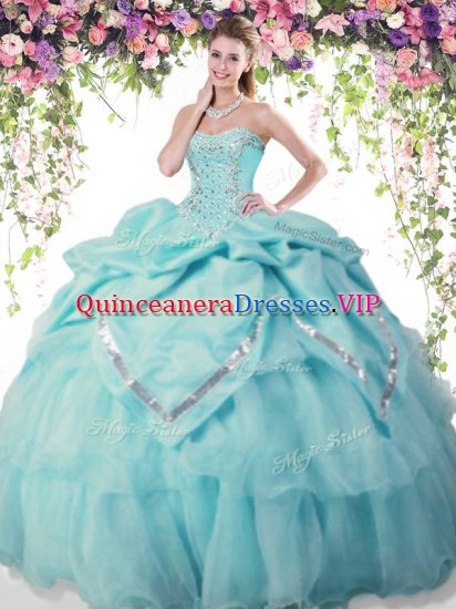 Pick Ups Floor Length Aqua Blue 15 Quinceanera Dress Sweetheart Sleeveless Lace Up - Click Image to Close