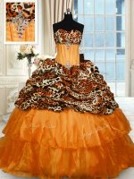 Printed Sleeveless Beading and Ruffled Layers Lace Up Sweet 16 Dress with Orange Sweep Train