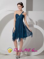 Navy Blue Chiffon Empire Knee-length Beading and Ruch One Shoulder Quinceanera Dama Dress in Azul Argentina(SKU JSY080812BIZ)