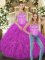 Elegant Sleeveless Tulle Floor Length Lace Up 15th Birthday Dress in Fuchsia with Beading and Ruffles