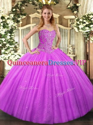 Trendy Sweetheart Sleeveless Quinceanera Dress Floor Length Beading Lilac Tulle